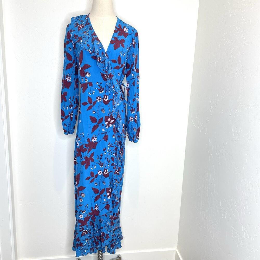 Jigsaw Silk Maxi Wrap Dress Womens 4 Blue Burgundy Floral Long Sleeve